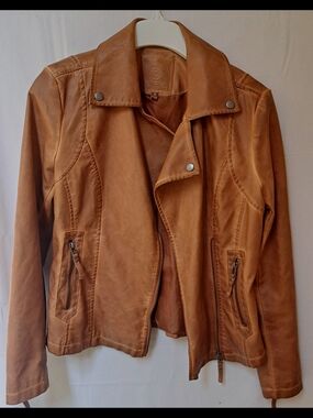 Max Studio Womens Faux Leather Moto Jacket Cognac Brown Size S Small Zip Up